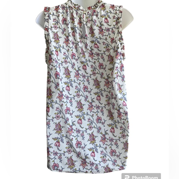 New Loft Petite Media Mix Cream Floral Sleeveless Top XSP Blouse Ruffle Trim - Picture 2 of 3
